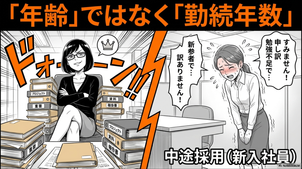 新入社員や中途採用の若手社員が、勤続年数の長いベテラン社員に対して過剰に気を遣っている様子を描いたイラストです。