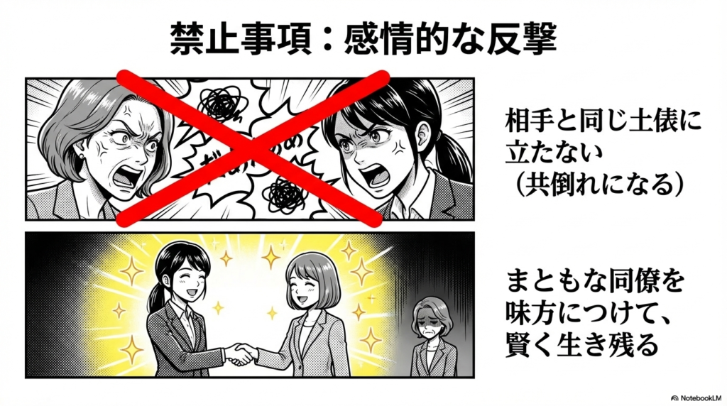 お局と同じ土俵に立って感情的に反撃することは避け、まともな同僚を味方につけて賢く生き残るための禁止事項をまとめたスライド画像です。