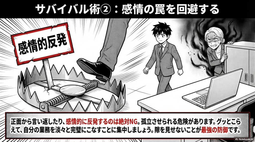 お局からの理不尽な攻撃に対して、感情的に反発するというトラップにはまらず、淡々と避けて通る様子を描いたイラストです。