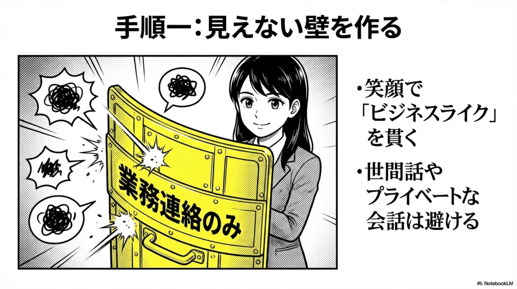 お局への対処法として、世間話を避けて業務連絡のみに留め、笑顔でビジネスライクな態度を貫くことで見えない壁を作る手順を示したスライド画像です。