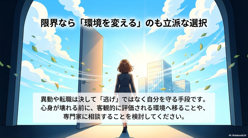 心身が壊れてしまう前に、異動や転職など環境を変えることは決して逃げではなく、自分を守る立派な手段であると伝えるスライドです