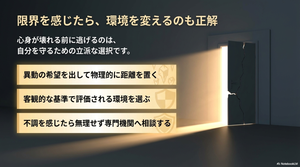 心身が壊れる前に逃げるのは自分を守るための立派な選択であり、異動の希望を出したり、客観的に評価される環境を選んだり、専門機関へ相談することを勧めています