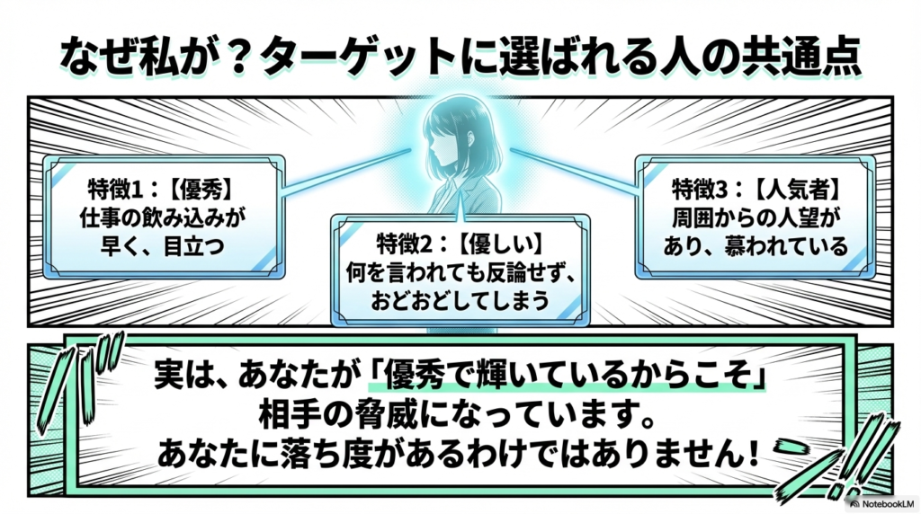 仕事ができて目立つ、優しい、人気者といった、お局のターゲットに選ばれやすい人の特徴を説明しているスライドです。