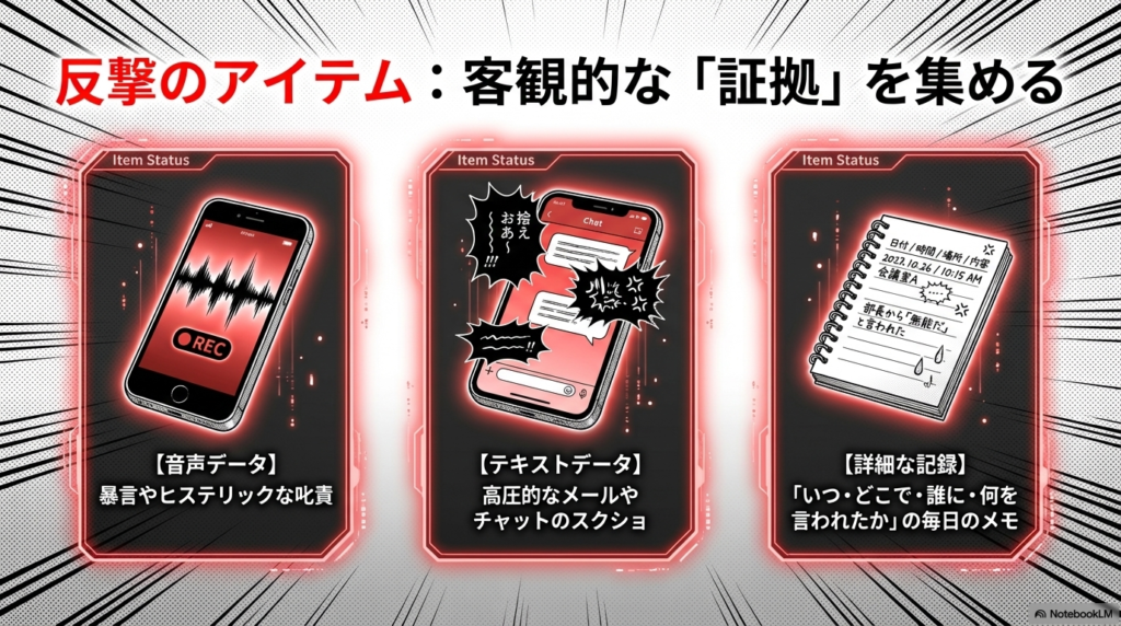 会社に報告するための準備として、暴言の録音や高圧的なチャット画面、日々の詳細なメモなど、客観的な証拠となるアイテムを集めるイメージ画像です。