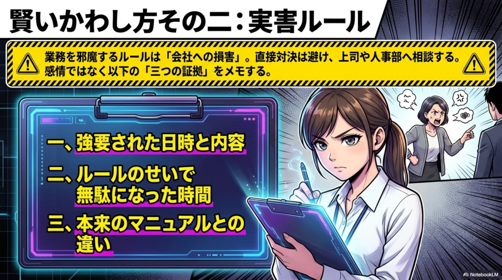 業務を邪魔する実害のあるルールに対しては直接対決を避け、強要された日時や無駄になった時間などの証拠をメモして上司に相談する対処法を紹介しています。