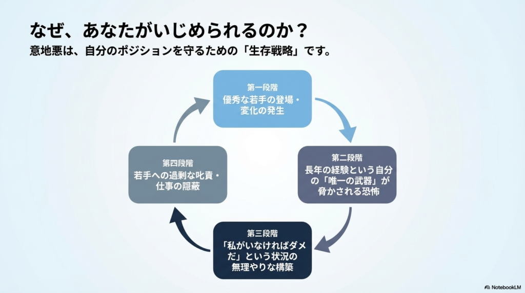 優秀な若手が登場すると、長年の経験という自分の武器が脅かされる恐怖を感じ、「私がいなければダメだ」という状況を作るために若手を過剰に叱責するという、お局の生存戦略のサイクルを図で解説しています