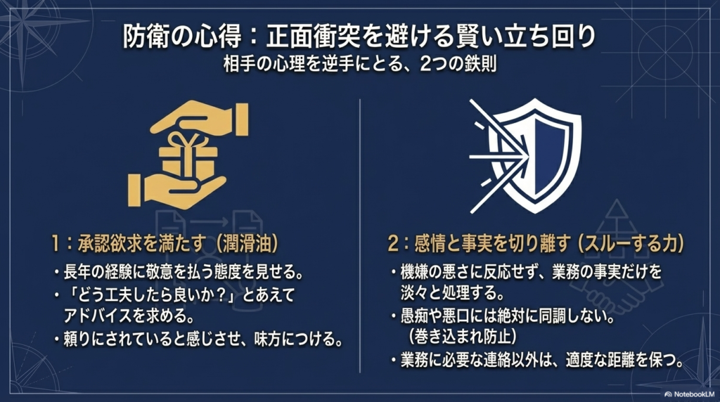 お局と接する際に、相手の承認欲求を満たすことと、機嫌の悪さなどの感情と事実を切り離して受け流すという、2つの防衛のコツをわかりやすく解説しています。