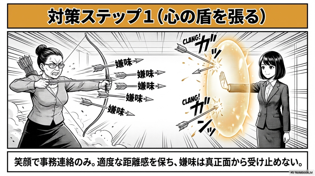 お局から次々と放たれる嫌味という矢を真正面から受け止めず、心の盾を張って笑顔で適度な距離感を保つ女性社員のイラスト