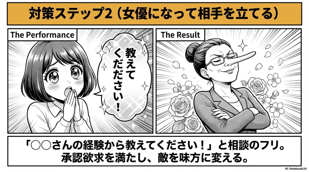 相談するフリをして「教えてください」と頼ることで、お局の承認欲求を満たして機嫌を取るテクニックのイラスト