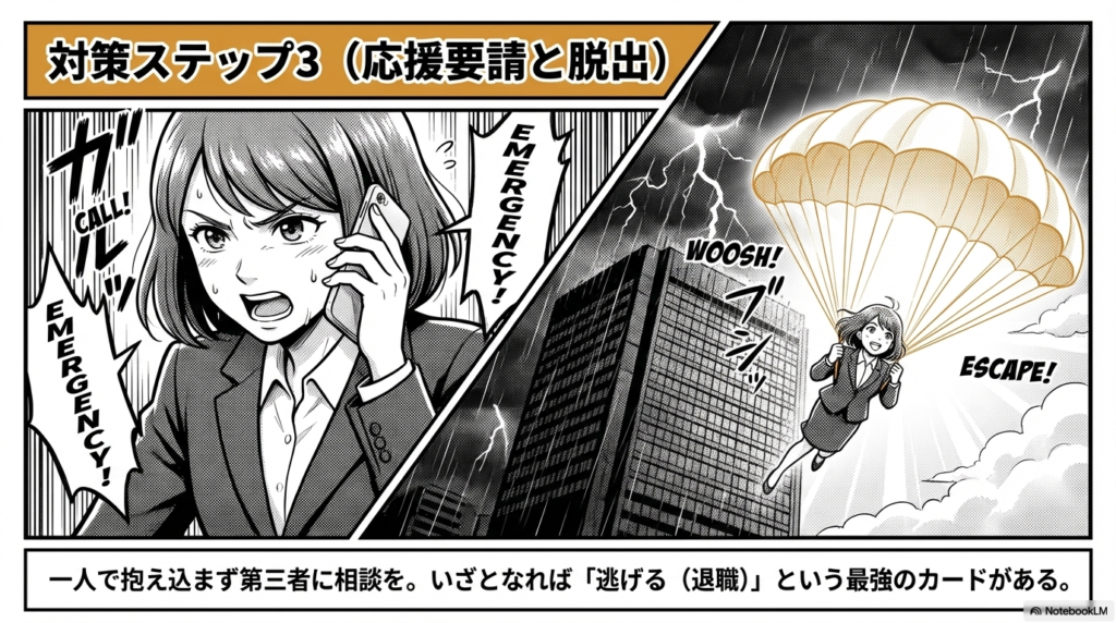 一人で抱え込まずに電話で応援を要請し、いざとなれば退職というパラシュートを使って職場から逃げる女性社員のイラスト