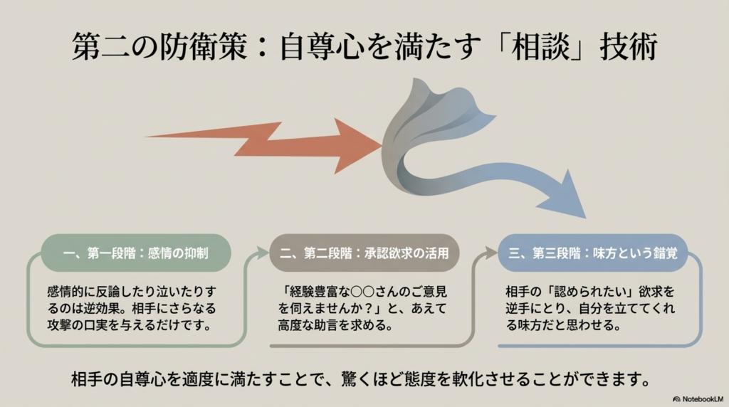 相手の態度を軟化させるため、感情を抑え、相手に認められたい気持ちを活用して味方だと思わせる手順を示しています。