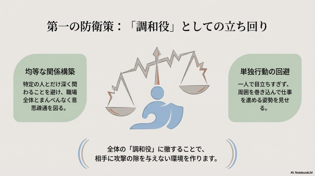 標的にされないための防衛策として、特定の人に偏らず均等な関係を築き、単独行動を避けて職場の調和役に徹する方法を説明しています。