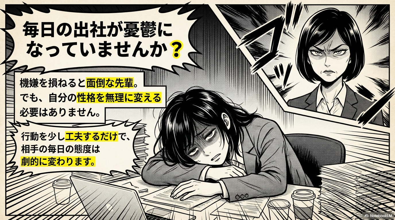 机に突っ伏してため息をつく女性社員と、背後で不機嫌そうに立つ先輩のイラストが描かれた、「毎日の出社が憂鬱になっていませんか？」というメッセージのスライドです。