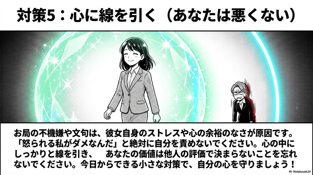 お局の不機嫌や文句は相手の心の余裕のなさが原因であり、決して自分のせいだと責めず、心に線を引いて自分を守るよう伝えるスライドです。