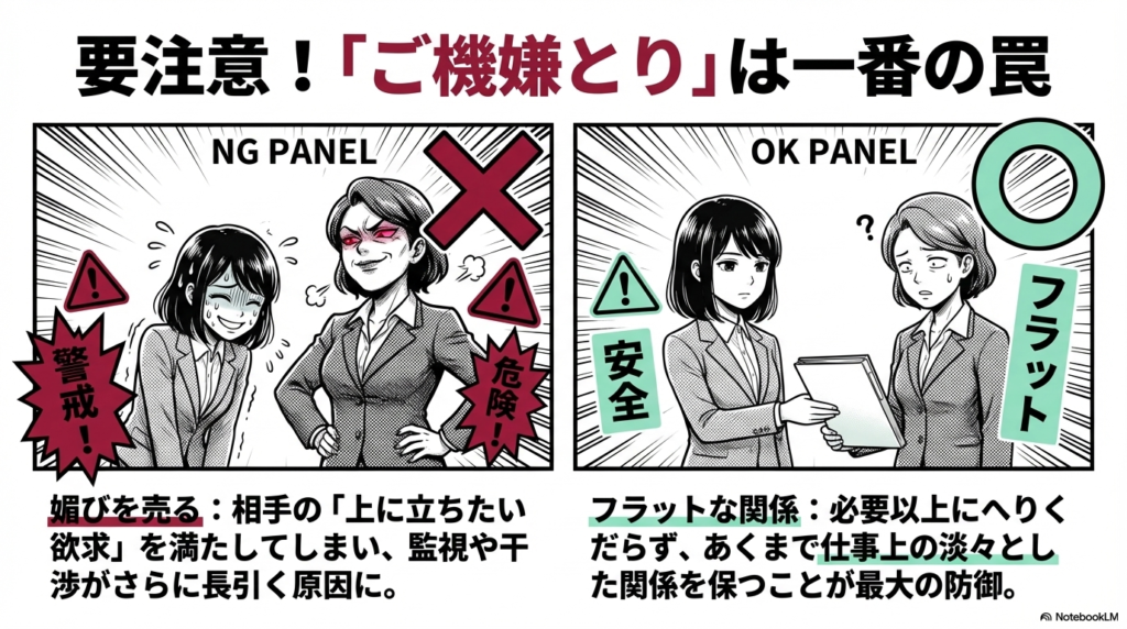 お局に対して媚びを売るのは監視が長引く原因になるため避け、仕事上の適度な距離感を保つことが最大の防御であることを示すスライドです。