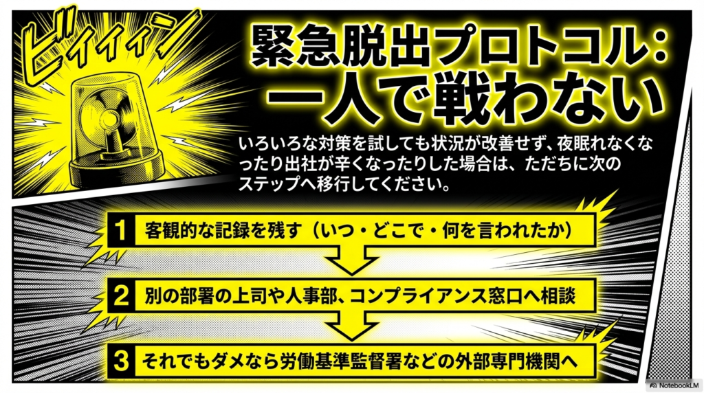 状況が改善せず辛い場合は、客観的な記録を残し、人事部や外部の専門機関へただちに相談するように促す緊急時の行動手順です。