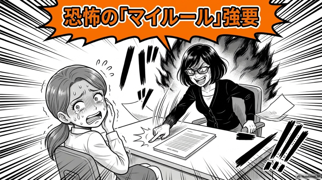 職場で自分のやり方や独自のルールを絶対に正しいものとして、周囲に強く押し付けている女性社員のイラストです。