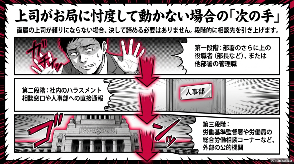 直属の上司が頼りにならない場合の次の手段として、さらに上の役職者や社内の人事部、そして外部の公的機関へと段階的に相談先を変えていく手順を示したスライドです。