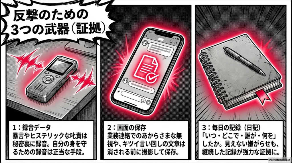 嫌がらせに対抗するための有効な武器として、録音データ、業務チャット画面の保存、毎日の日記という3つの証拠の集め方を紹介したスライドです。