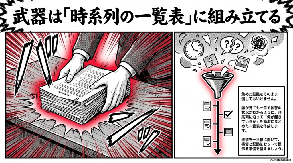 集めた証拠をそのまま上司に渡すのではなく、誰が見ても被害の状況がすぐにわかるように、時系列に沿って一覧表にまとめる重要性を伝えたスライドです。