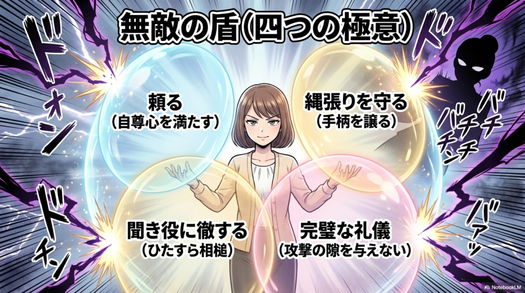 お局から身を守るための4つの極意として、頼る、縄張りを守る、聞き役に徹する、完璧な礼儀の4つを図解で紹介しています。