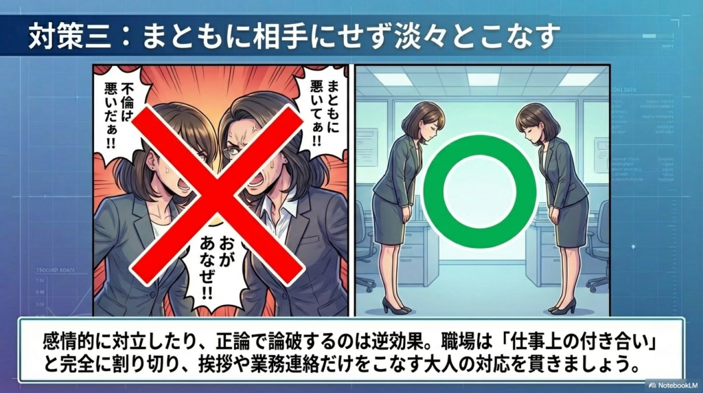 お局の理不尽な態度に対して、感情的に対立せず、仕事上の付き合いと割り切って淡々と大人の対応を貫く重要性を説明するスライドです