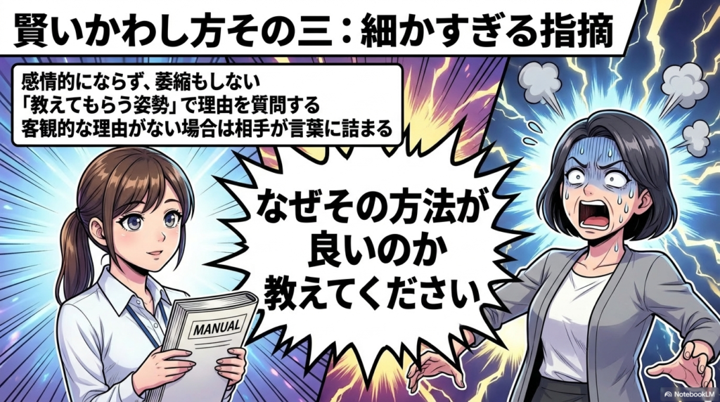 細かすぎる理不尽な指摘に対しては感情的にならず、あくまで教えてもらう姿勢で理由を質問し、相手を言葉に詰まらせる方法を解説しています。