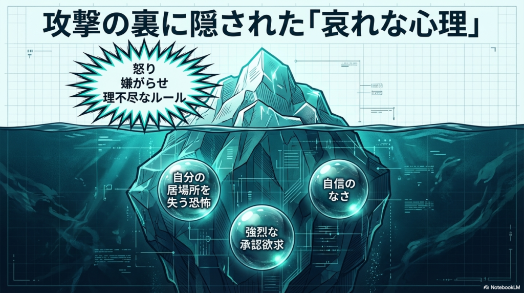お局の怒りや嫌がらせの裏には、自分の居場所を失う恐怖や強烈な承認欲求、自信のなさといった哀れな心理が隠されていることを示す図解です