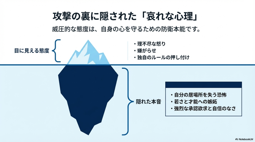 理不尽な怒りや嫌がらせといった目に見える態度の裏には、若さへの嫉妬や強烈な承認欲求、自分の居場所を失う恐怖といった本音が隠されていることを図解しています