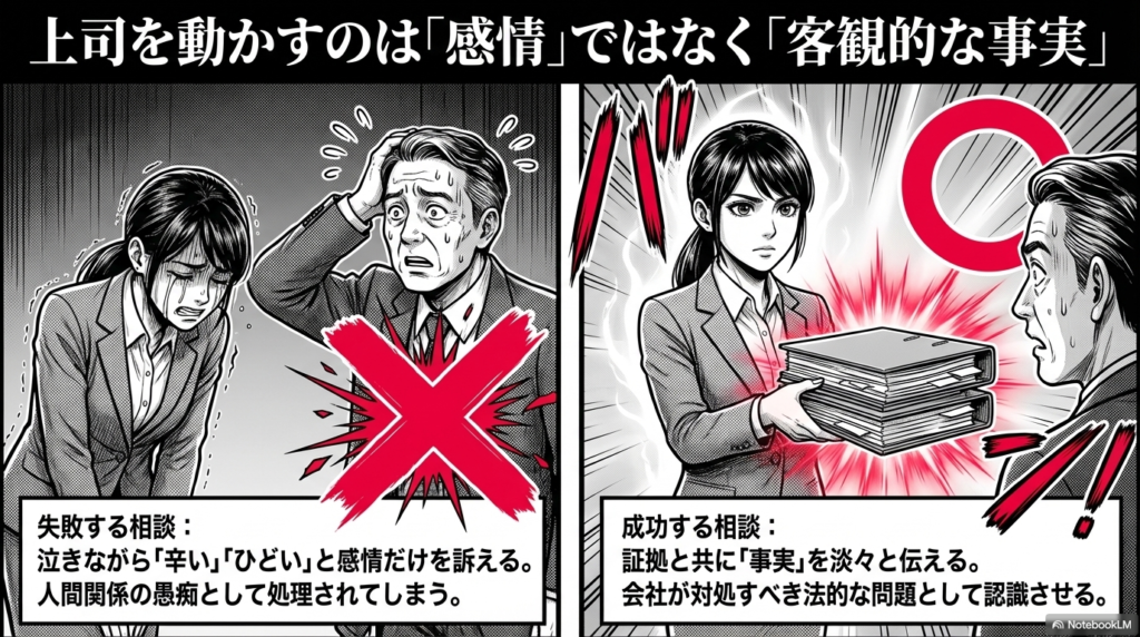 上司に相談する際、泣きながら感情的に訴える失敗例と、証拠を用意して客観的な事実を淡々と伝える成功例を比較して説明したスライドです。