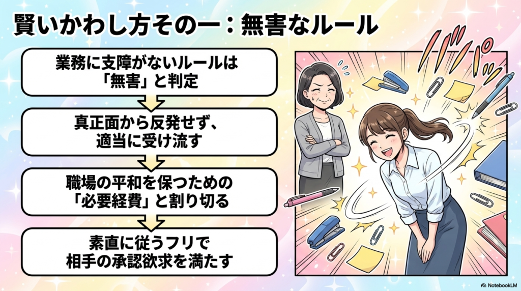 業務に支障がない無害なルールは、正面から反発せずに素直に従うフリをし、職場の平和を保つための必要経費として適当に受け流す方法を説明しています。