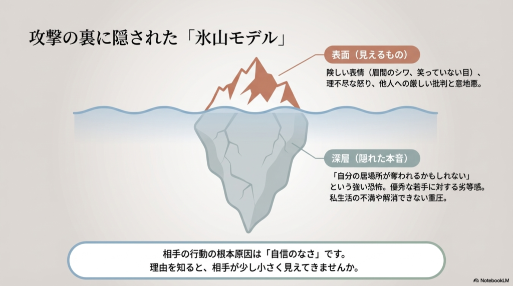 表面的な怒りや意地悪の裏には、居場所を奪われる恐怖や劣等感といった本音が隠されていることを、氷山に例えて図解しています。