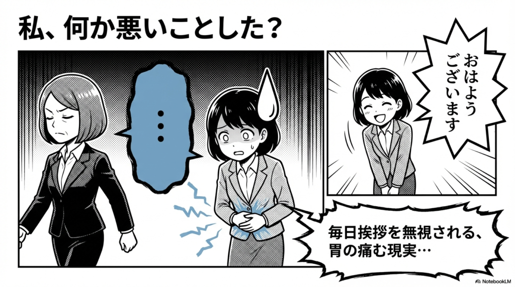 毎日挨拶を無視されて「私が何か悪いことをしたのか」と思い悩む、胃が痛むような職場の現実を表したスライド画像です。
