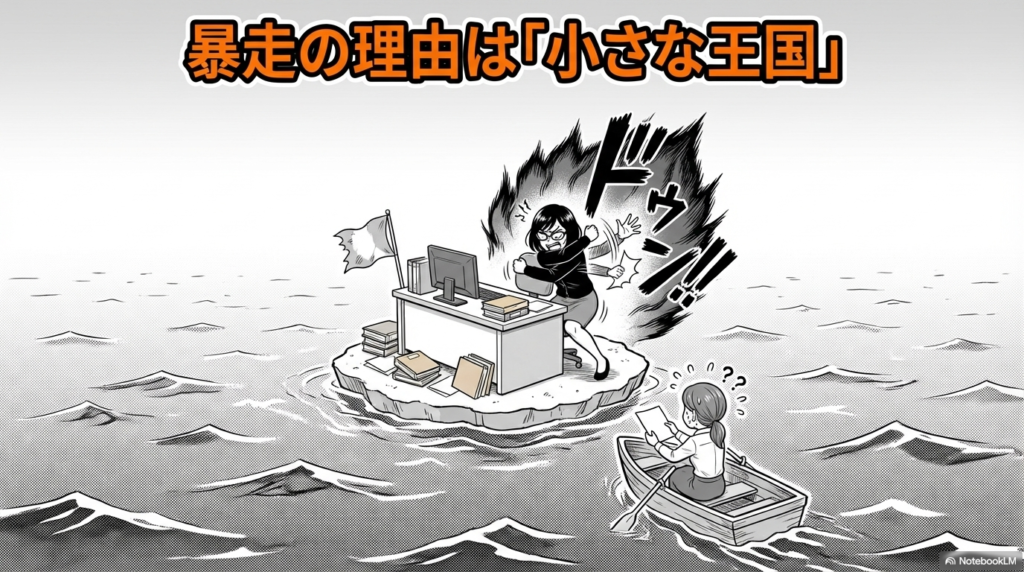 周囲から孤立した小さな島のようなデスクで、自分のやり方に固執して威圧的に振る舞う女性社員のイラストです。