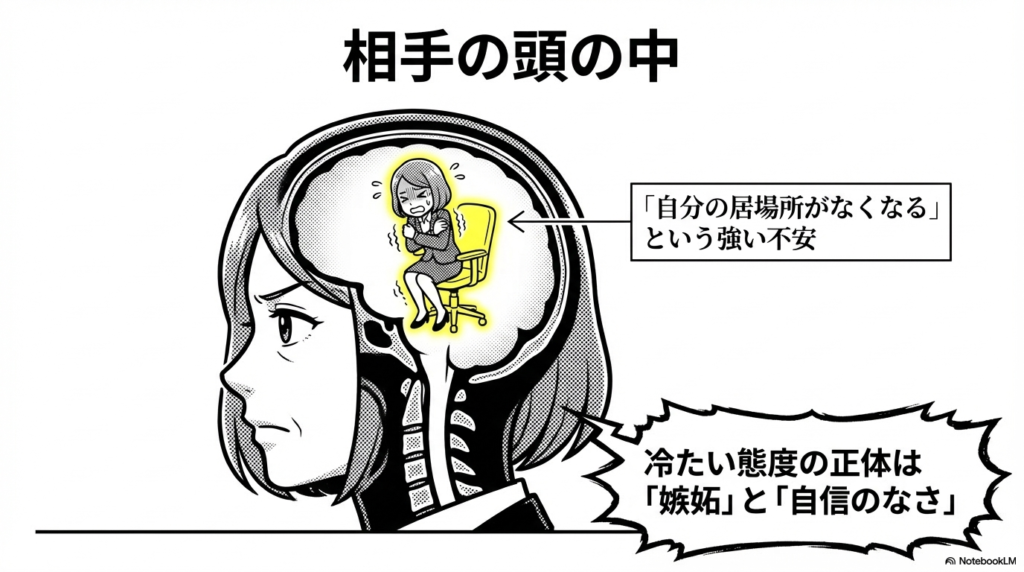 お局が冷たい態度をとる正体は、「自分の居場所がなくなる」という強い不安からくる嫉妬と自信のなさであることを解説したスライド画像です。