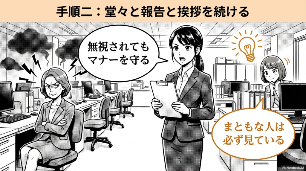 無視されても社会人としてのマナーを守り、堂々と仕事の報告と挨拶を続けることの大切さを説明したスライド画像です。