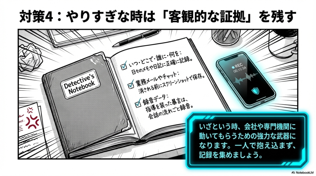 お局の行動がやりすぎだと感じた場合は、日時や内容のメモ、メールの保存、録音など、客観的な証拠を残しておくことが強力な武器になることを解説したスライドです。