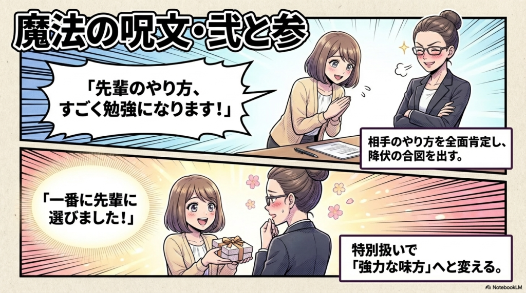 先輩のやり方を全面的に肯定して相手を立てたり、特別扱いをすることで強力な味方に変えたりする言葉のテクニックです。