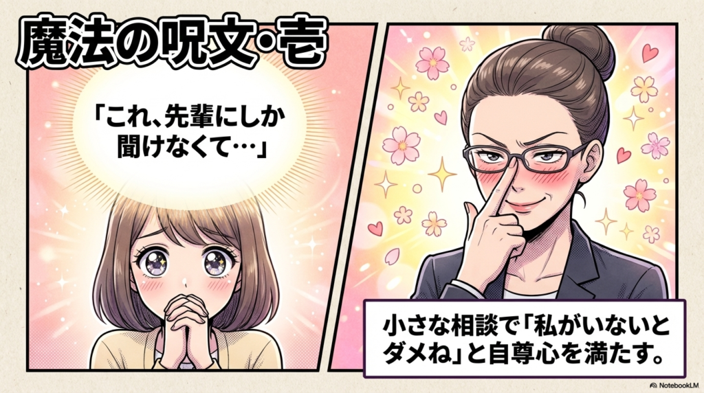 「これ、先輩にしか聞けなくて」と小さな相談を持ちかけることで、相手の自尊心を満たすコミュニケーションのコツを解説しています。