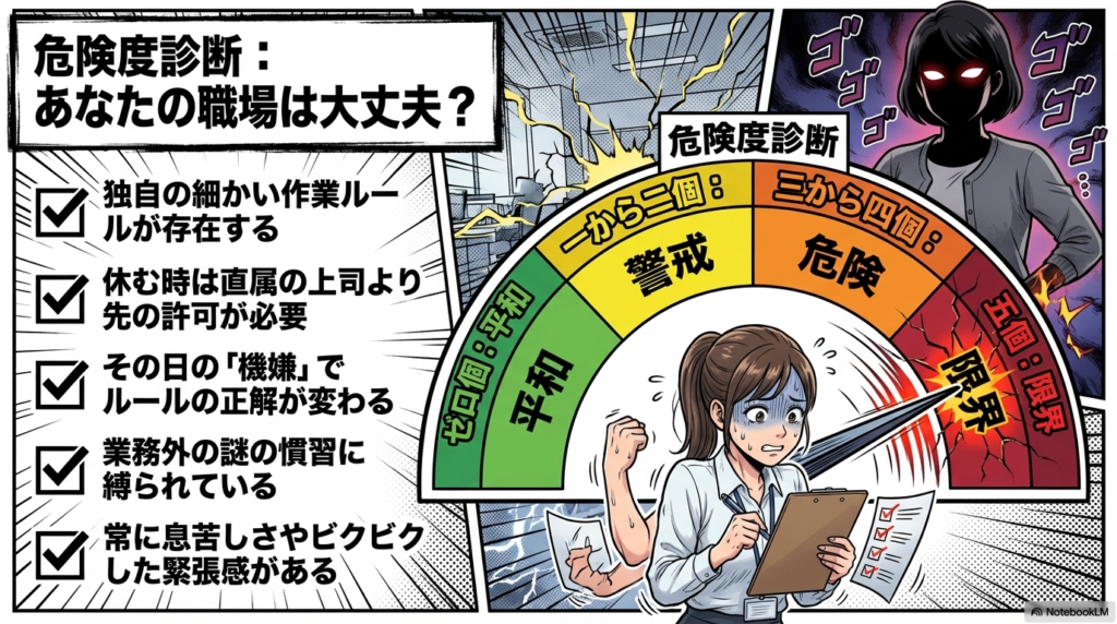 独自の細かい作業ルールの存在や、常に息苦しさを感じるかなど、職場のマイルールの危険度を判定する5つのチェック項目です。