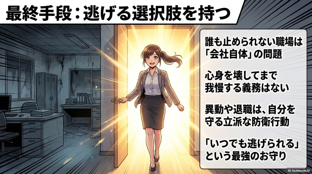 異常なルールが横行する職場は会社自体の問題であり、心身を壊す前に異動や退職といった逃げる選択肢を持つことが自分を守る防衛行動であると伝えています。