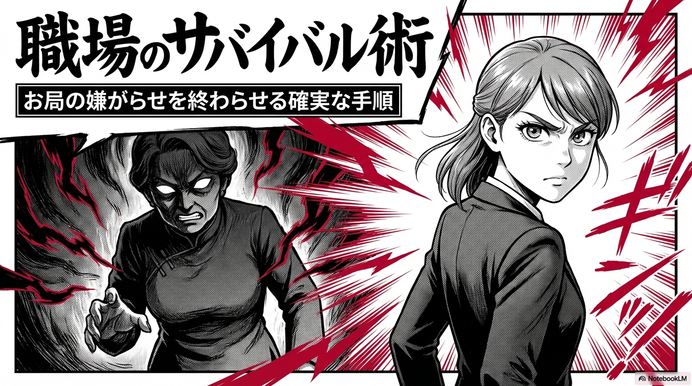 お局からの嫌がらせを終わらせるための具体的な手順と、職場で生き残るためのサバイバル術をまとめたスライドの表紙です。