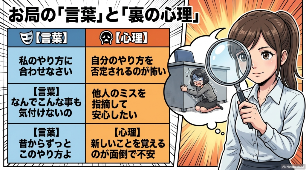 「私のやり方に合わせなさい」といったお局の建前の裏には、自分の存在意義を失う恐怖や、新しいことを覚える不安などの本音が隠されていることを解説した表です。