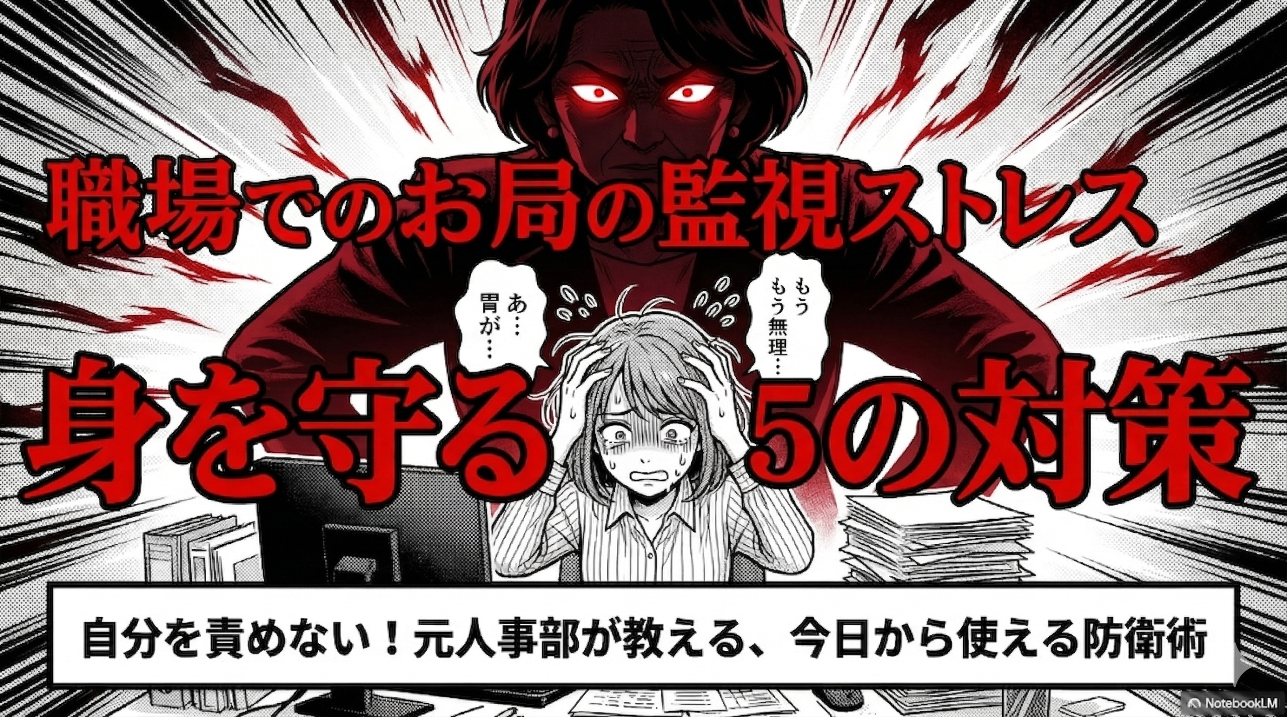 職場でのお局の監視ストレスから身を守るための5つの対策を解説するスライドの表紙画像です。