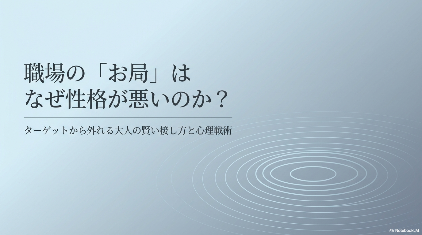 職場の「お局」はなぜ性格が悪いのか、ターゲットから外れる大人の賢い接し方と心理戦術についてのスライド表紙画像です