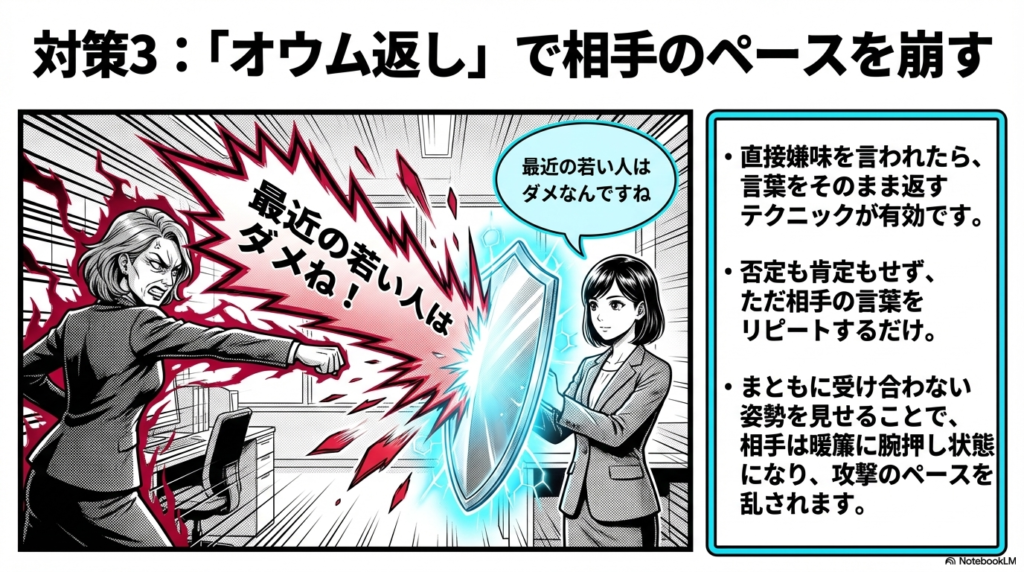 お局から嫌味を言われた際は、否定も肯定もせずにそのまま言葉を返す「オウム返し」をすることで、相手のペースを崩すテクニックを紹介したスライドです。