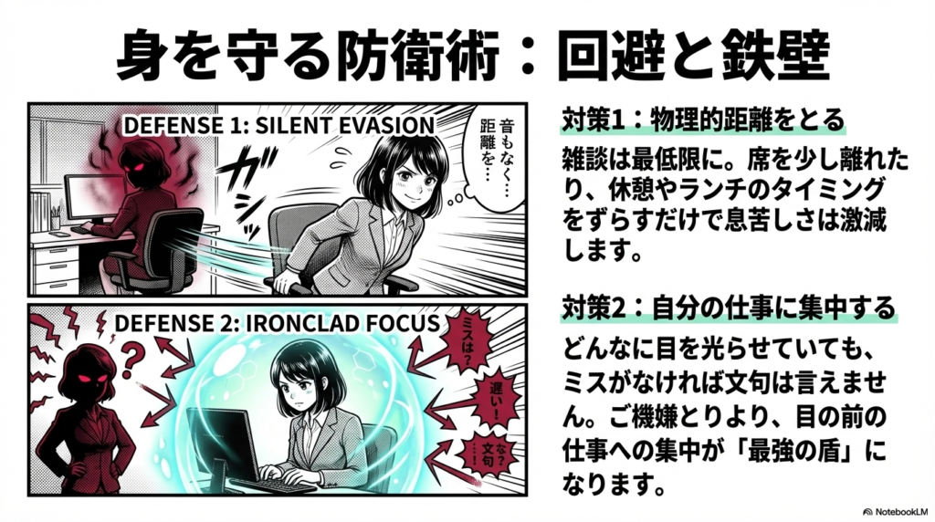 お局から身を守るためには、物理的な距離をとることと、自分の仕事に集中してミスをなくすことが重要であることを説明するスライドです。