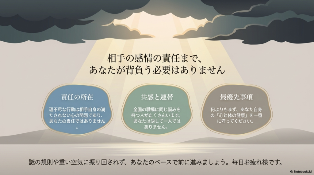 理不尽な相手の感情の責任をあなたが背負う必要はなく、ご自身の心と体の健康を最優先に守るべきであるというメッセージです。