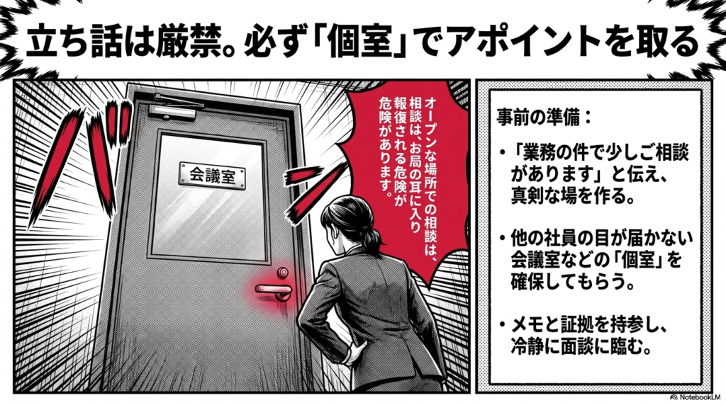 お局からの嫌がらせがエスカレートするのを防ぐため、立ち話は避け、必ず他の人の目が届かない個室の会議室などで相談の場を設けるよう注意を促すスライドです。