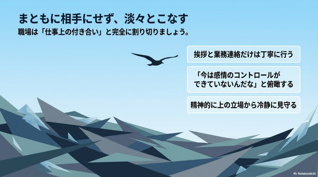 職場は仕事上の付き合いと割り切り、挨拶と業務連絡だけは丁寧に行いながら、相手の感情コントロールができていない状態を冷静に俯瞰する姿勢を説明しています